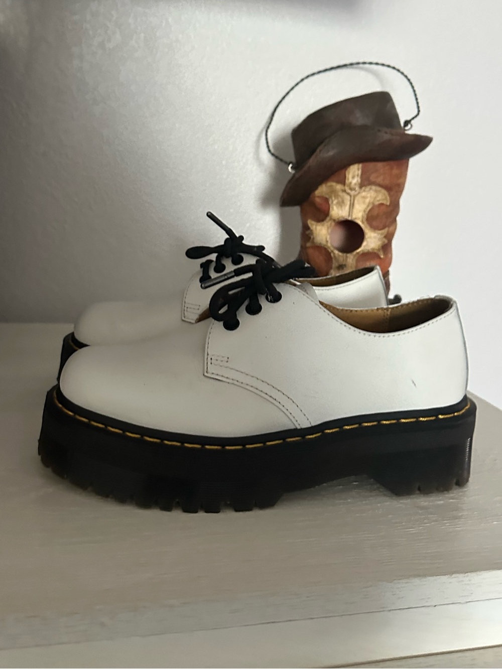 Dr. Martens White Leather Platform Derby Shoes with Black Lug Sole